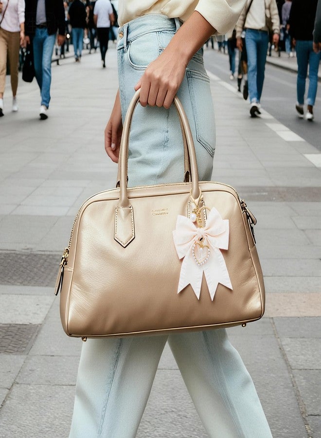 Clofiak Bow Purse Charms, Cute Bow Backpack Keychains for Women, Pearl Wristlet Keychain(Beige) - Image 5